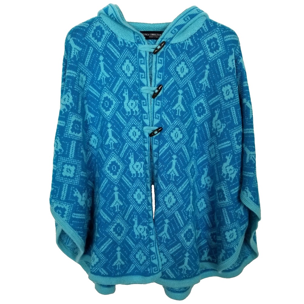 Alpaca Connection Hooded Poncho One Size Blue Alpaca Wool Blend Printed Tribal